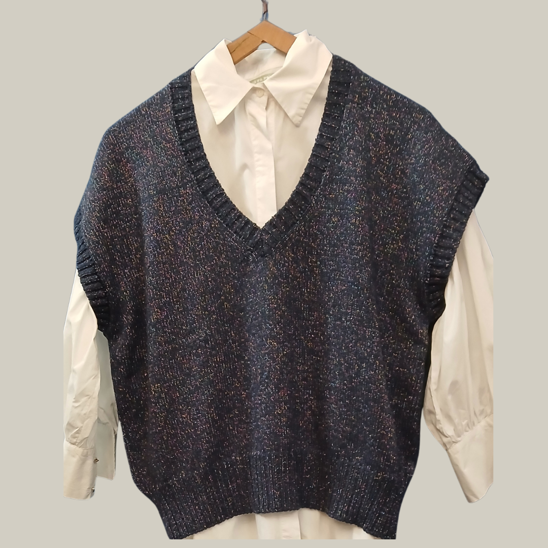 Chaleco Merino & Lúrex "A Brillar Mi Amor" Azul con Lurex Multicolor - Imagen 2